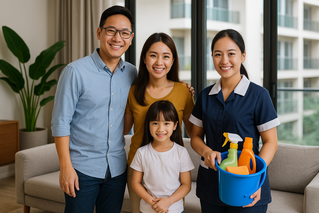 A Southeast Asian family welcoming their newly hired domestic helper in a cozy Singaporean home